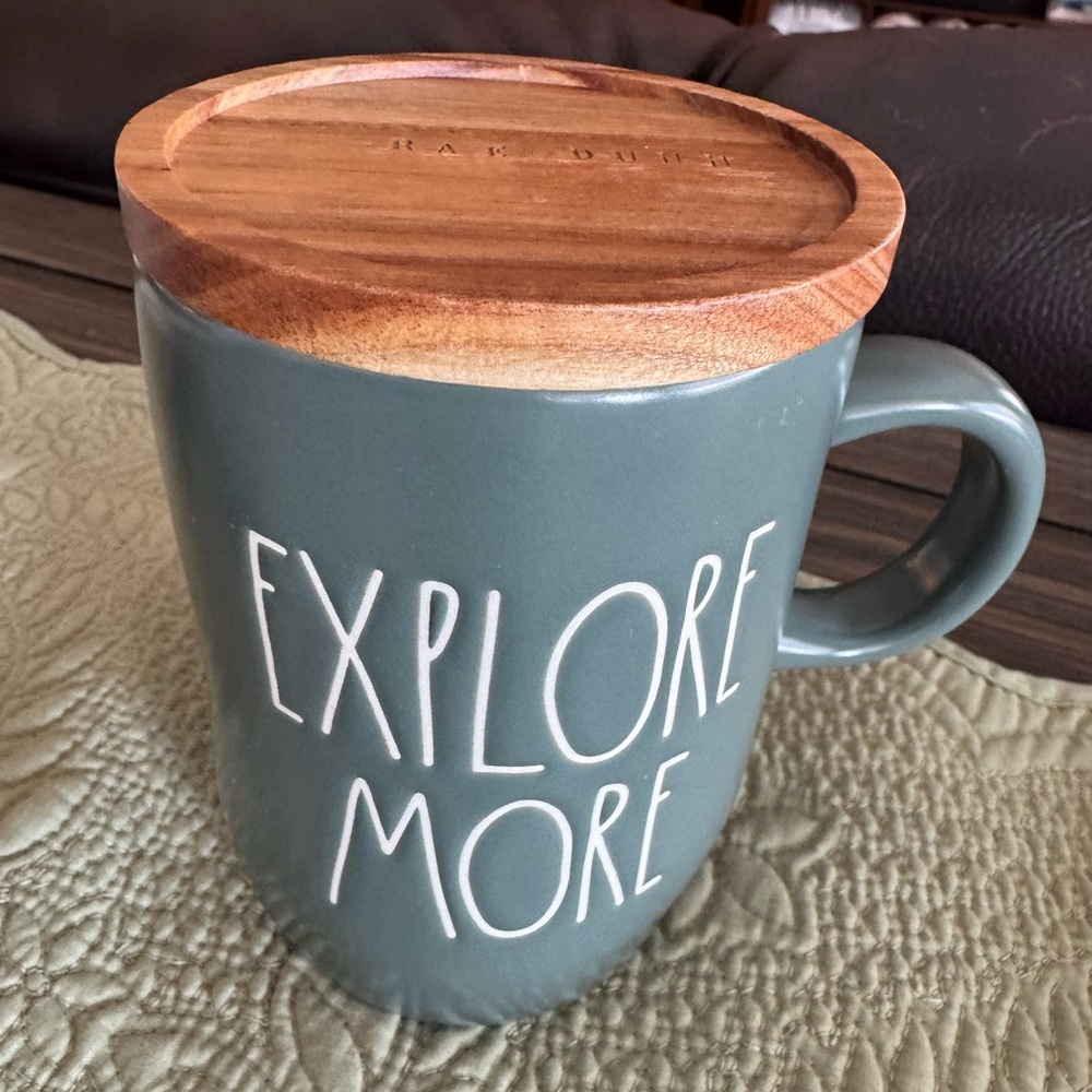Rae Dunn Green Ceramic Mug with Wooden Lid - 'Explore More'